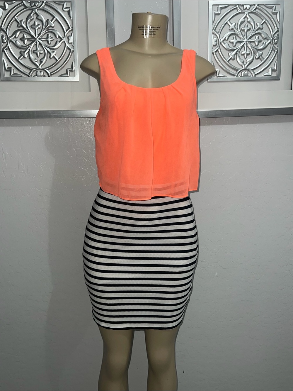 Emerald Sundae Neon Coral White Black/Striped Dress